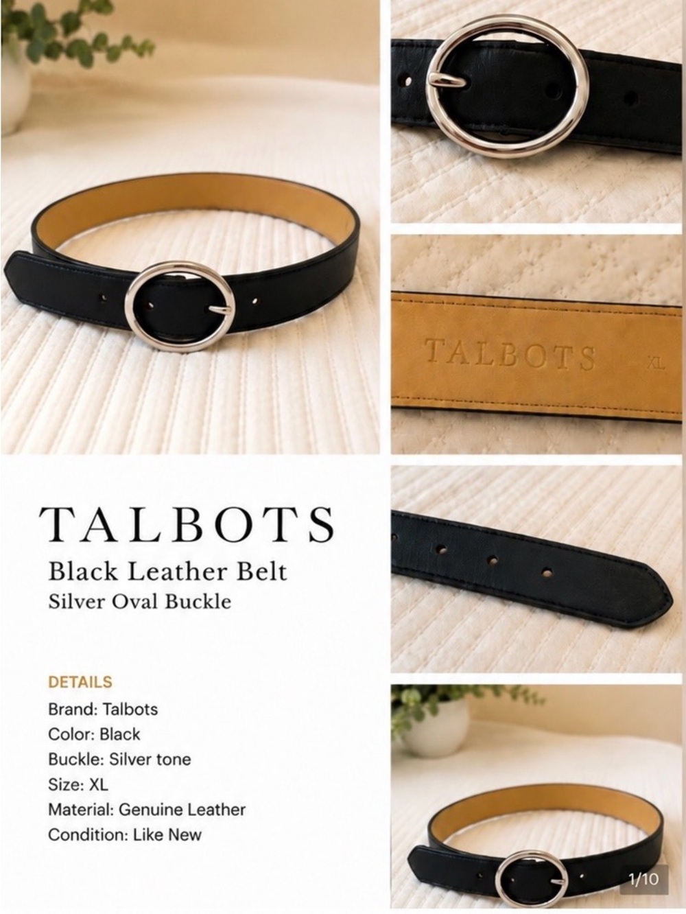 Talbots Black Genuine Leather Belt Silver Oval Buckle XL Like New